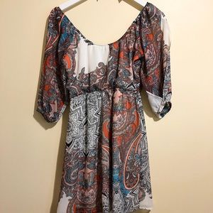 Dina Be Bohemian Flowy Bubble Sleeve Boho off-the-shoulder Dress Geometric